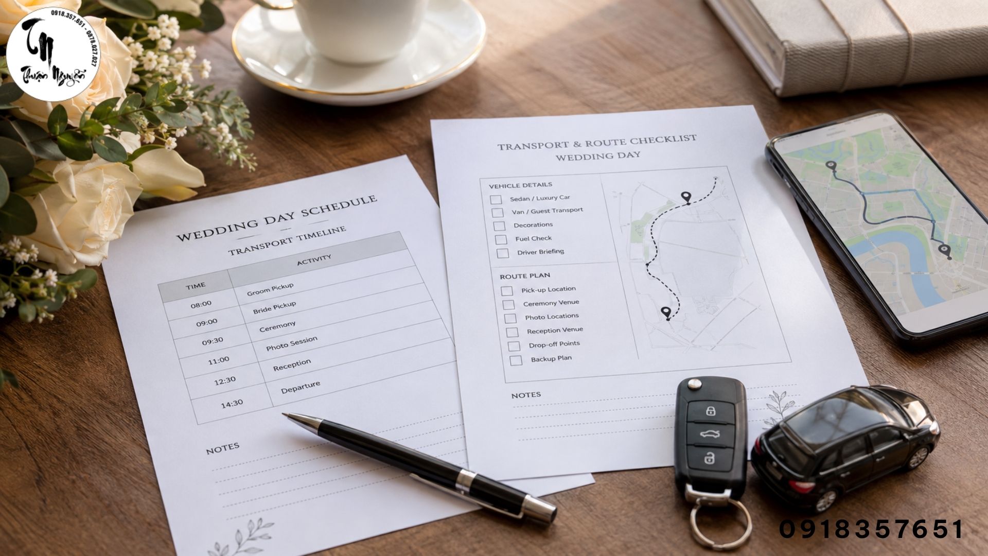 Gia đình kiểm tra checklist thuê xe cưới trước ngày tổ chức